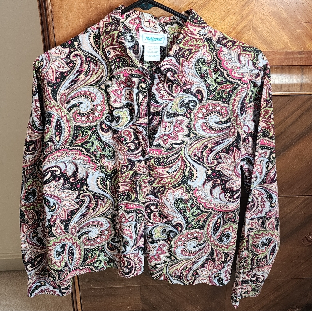 Vintage National Pink Black Paisley Cotton Button-Down Shirt - Long Sleeve